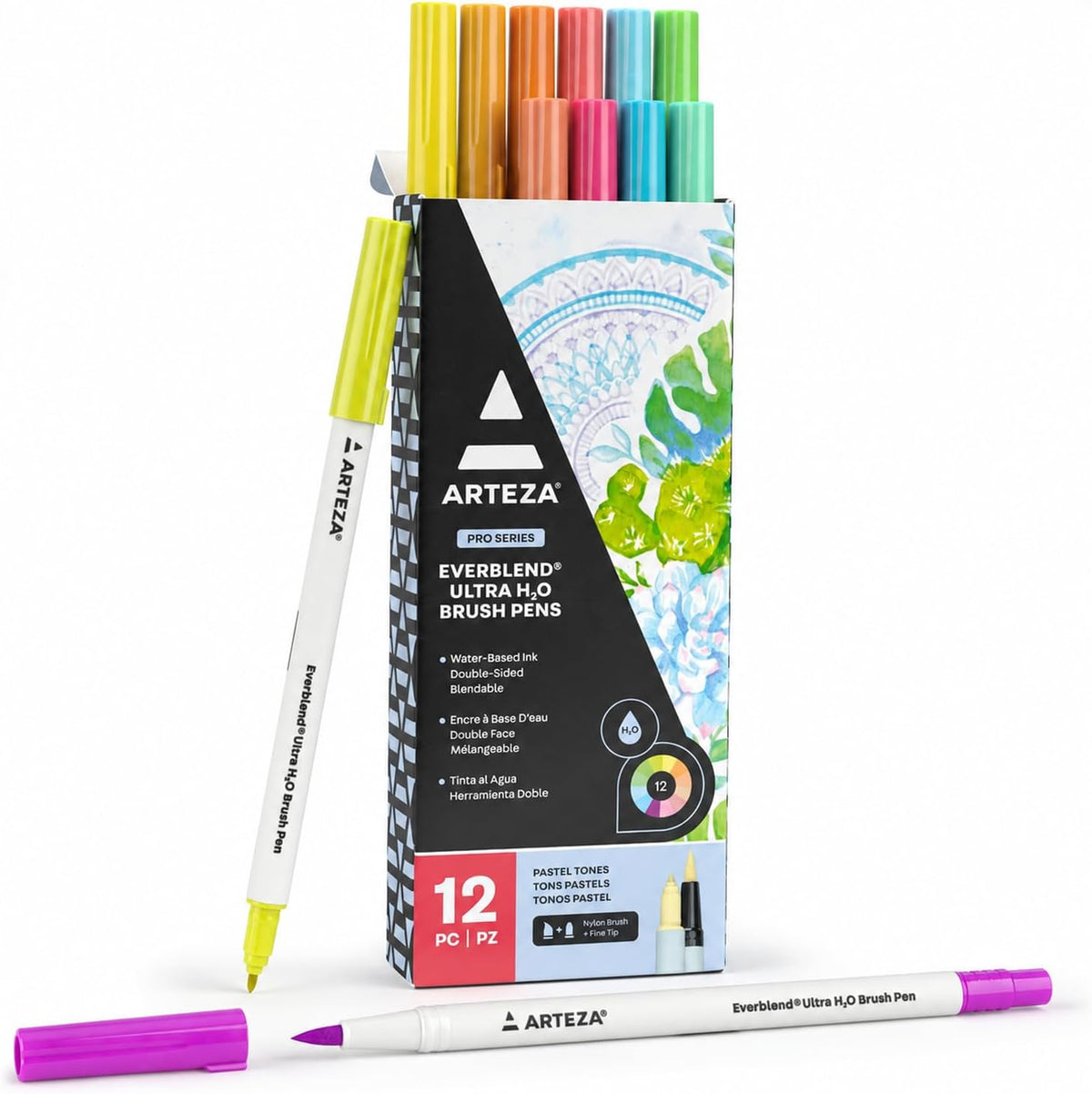 ARTEZA Dual Tip Watercolor Brush Pens – 12 Pastel Colors